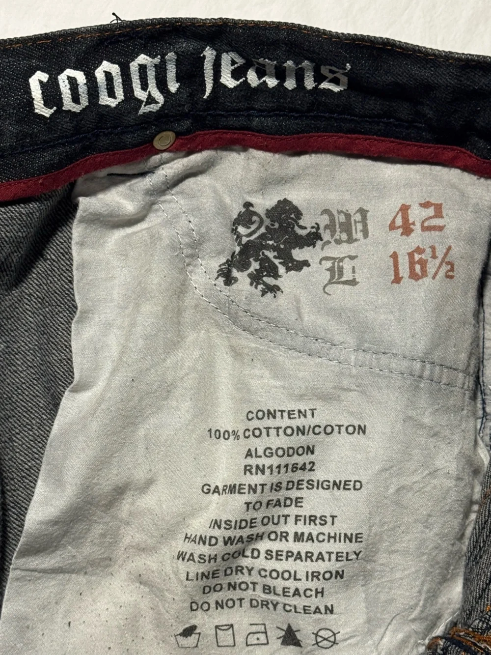 COOGI Black Denim Jeans with Red & Gold Embroidered Back 42x 16 1/2
